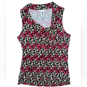 Diane von Furstenberg Blouse Size Small Sleeveless Top Silk Tie Neck Red Tan